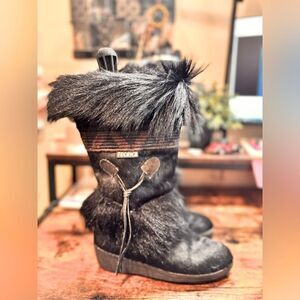Tecnica Black Goat Fur Cow Hair Apres Ski Winter Snow Boots Size 6 EUR 36